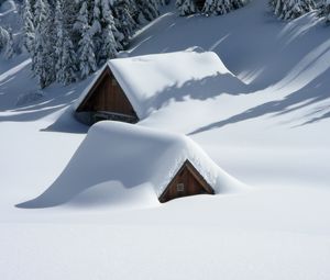 Превью обои здания, снег, возвышенность, деревья