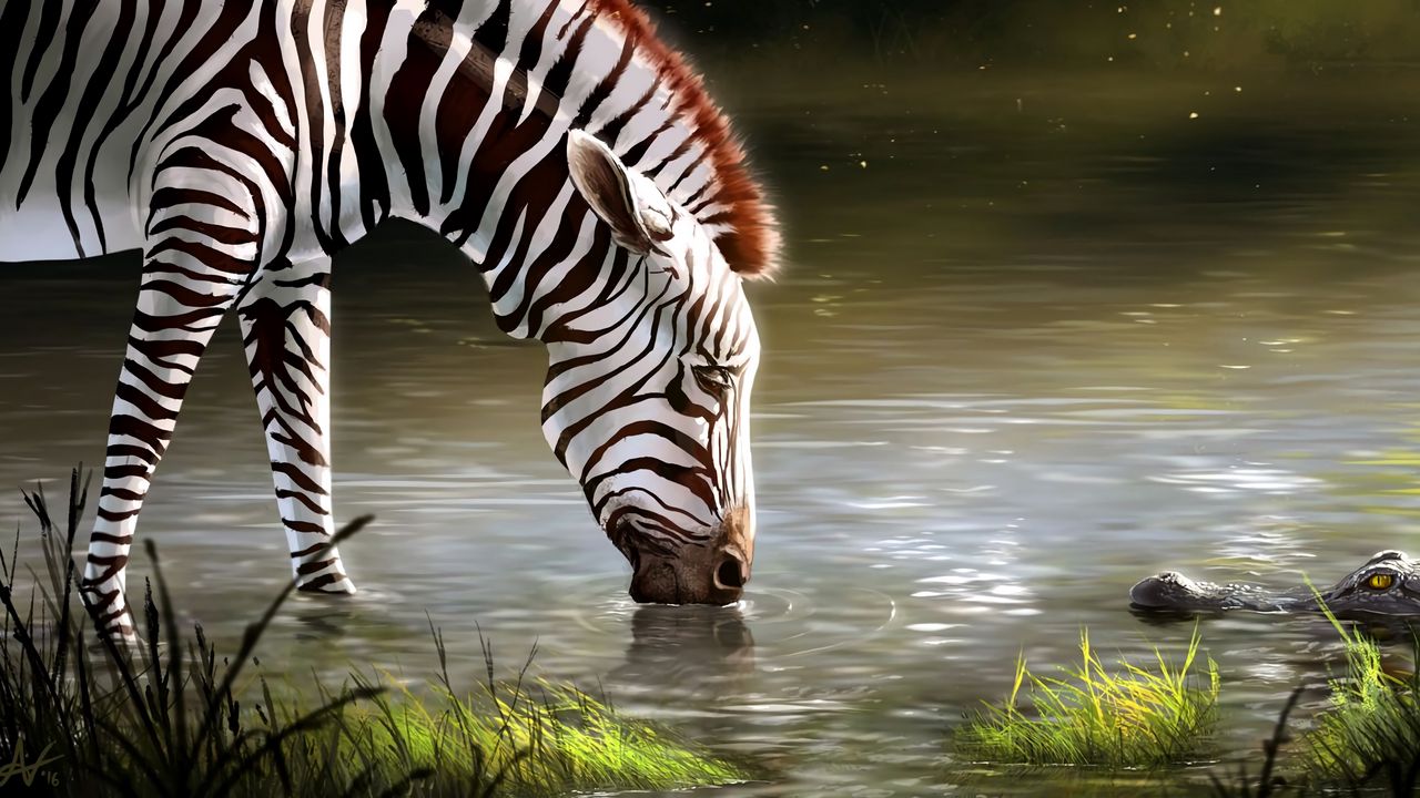Обои зебра, озеро, арт, животное, дикая природа