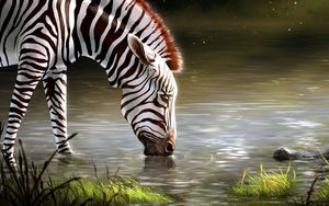 Превью обои зебра, озеро, арт, животное, дикая природа