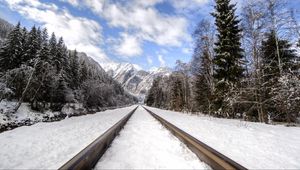 Превью обои железная дорога, горы, снежный, даль