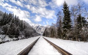 Превью обои железная дорога, горы, снежный, даль
