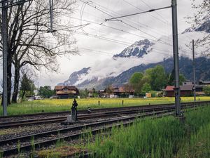 Превью обои железная дорога, горы, трава