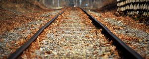Превью обои железная дорога, листья, осень, размытие
