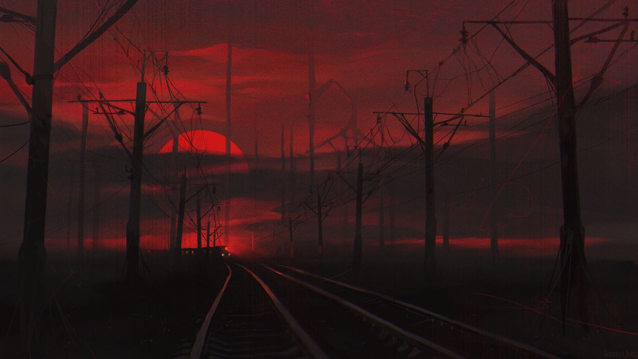 Обои железная дорога, ночь, арт, темный, красный