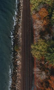 Превью обои железная дорога, побережье, вид сверху, вода, лес