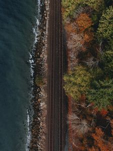 Превью обои железная дорога, побережье, вид сверху, вода, лес