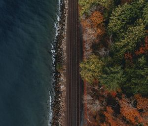 Превью обои железная дорога, побережье, вид сверху, вода, лес