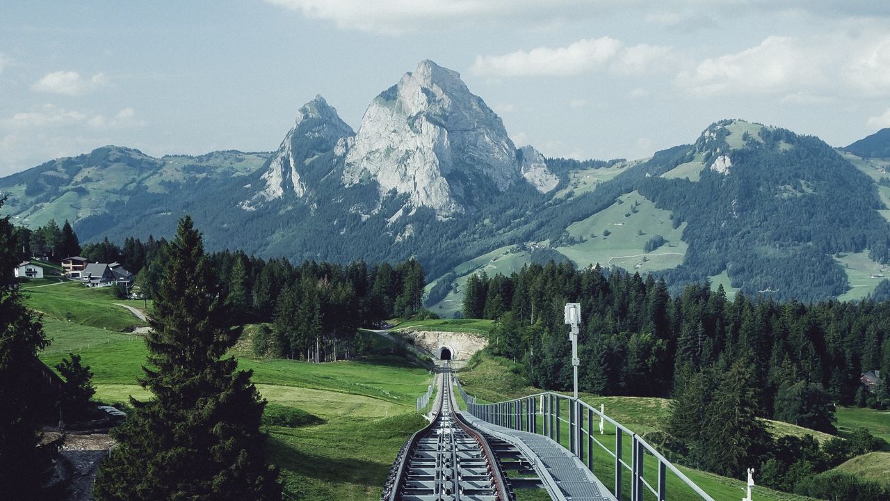 Обои железная дорога, рельсы, горы, природа, пейзаж
