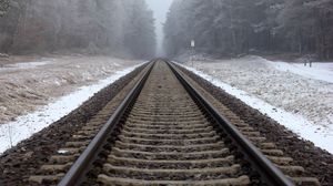 Превью обои железная дорога, рельсы, лес, снег, туман
