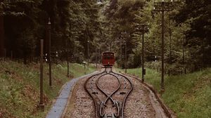 Превью обои железная дорога, рельсы, поезд, деревья, природа