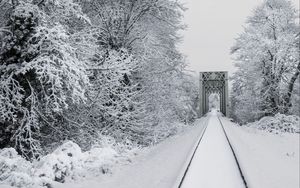 Превью обои железная дорога, снег, мост, деревья, зима