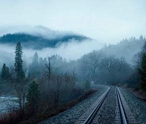 Превью обои железная дорога, туман, деревья, озеро, горы