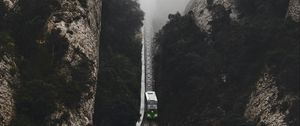 Превью обои железная дорога, туман, поезда, горы, вид сверху