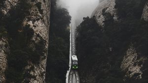Превью обои железная дорога, туман, поезда, горы, вид сверху