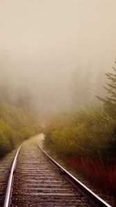 Превью обои железная дорога, туман, поворот, деревья