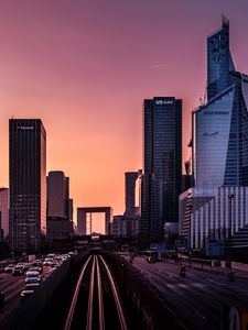 Превью обои железная дорога, здания, город, даль