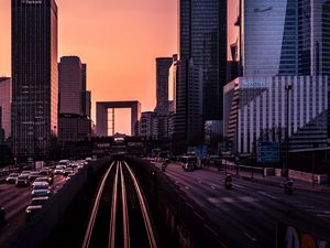 Превью обои железная дорога, здания, город, даль