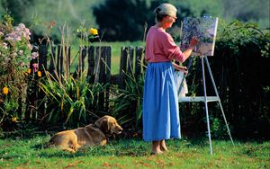 Превью обои женщина, пожилая, рисунок, рисование, холст, собака, трава, отдых