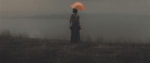 Превью обои женщина, зонт, фигуры, туман, арт