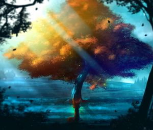 Превью обои животное, дерево, арт, лес, осень
