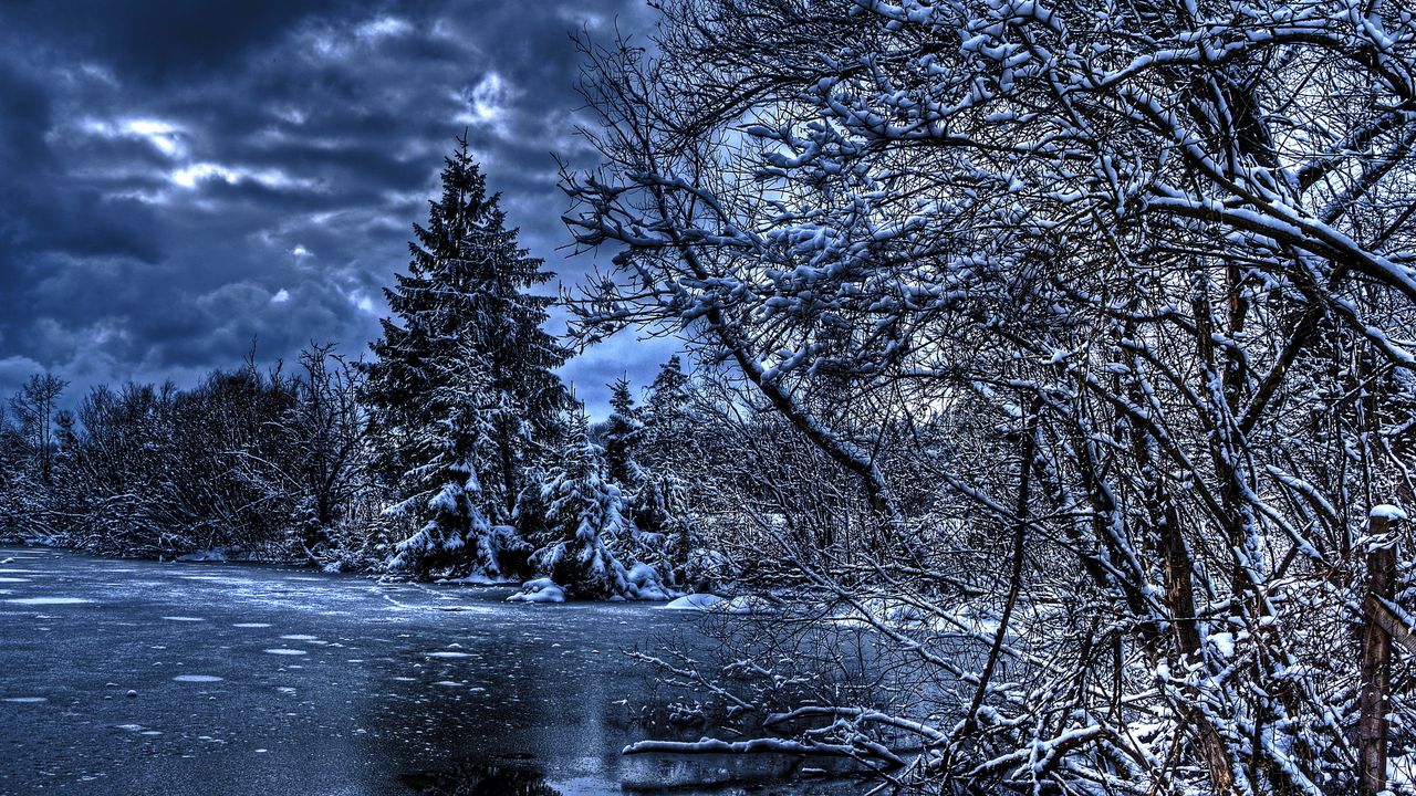 Обои зима, деревья, река, озеро, снег, лед, hdr