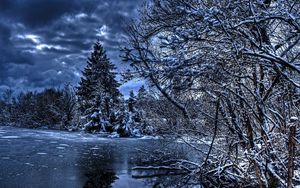 Превью обои зима, деревья, река, озеро, снег, лед, hdr
