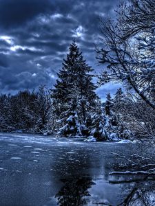 Превью обои зима, деревья, река, озеро, снег, лед, hdr