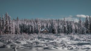 Превью обои зима, домик, снег, деревья, горизонт, небо