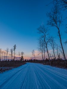 Превью обои зима, дорога, деревья, горизонт, небо