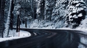 Превью обои зима, дорога, деревья, снег, поворот