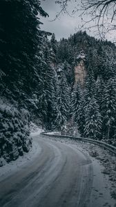 Превью обои зима, дорога, поворот, снег, ветки, гора