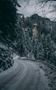 Превью обои зима, дорога, поворот, снег, ветки, гора