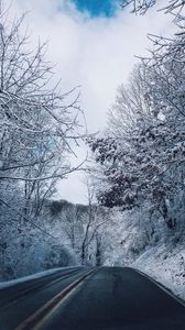 Превью обои зима, дорога, разметка, деревья, снег