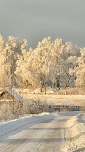 Превью обои зима, дорога, снег, деревья