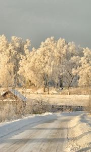 Превью обои зима, дорога, снег, деревья