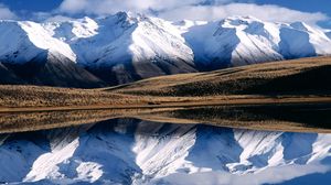 Превью обои зима, горы, отражение, озеро, зеркало, линии, рельеф