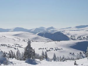 Превью обои зима, горы, склоны, деревья