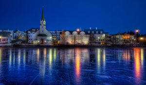 Превью обои зима, исландия, лед, рейкьявик, дымная бухта, reykjavik, hdr