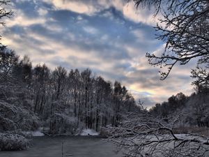 Превью обои зима, лес, озеро, снег