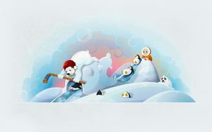 Превью обои зима, медведи, хоккей, клюшка, ребёнок, пингвин, веселье, тюлень