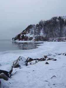 Превью обои зима, озеро, камни, пейзаж