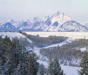 Превью обои зима, река, горы, пейзаж, ели