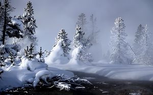 Превью обои зима, река, испарение, лес, снег