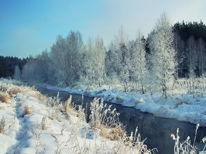 Превью обои зима, река, снег, берега, иней, пейзаж