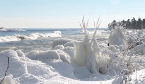 Превью обои зима, снег, океан, берег, лед, волны