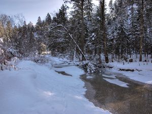 Превью обои зима, снег, река, лес, пейзаж