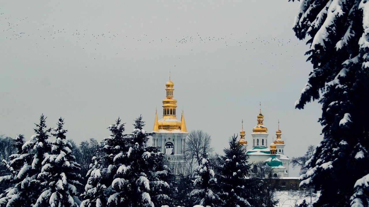 Обои зима, снег, церковь, деревья, сосны, небо, полет, птицы, настроение