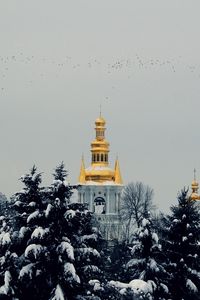 Превью обои зима, снег, церковь, деревья, сосны, небо, полет, птицы, настроение