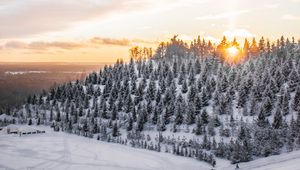 Превью обои зима, снег, вершина, деревья, закат