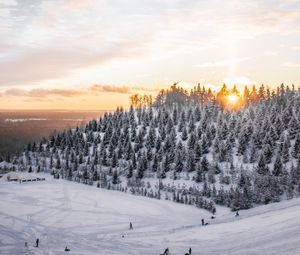 Превью обои зима, снег, вершина, деревья, закат